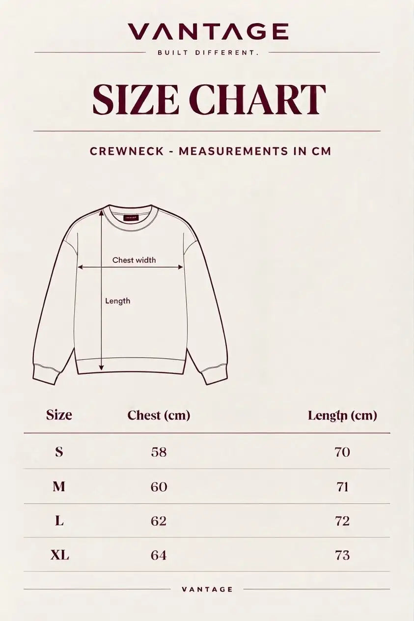 VANTAGE Essential Crewneck - Size Chart