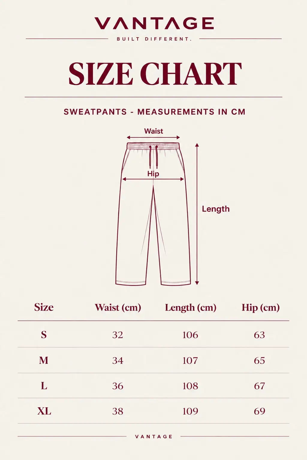 VANTAGE Essential Sweatpants - Size Chart