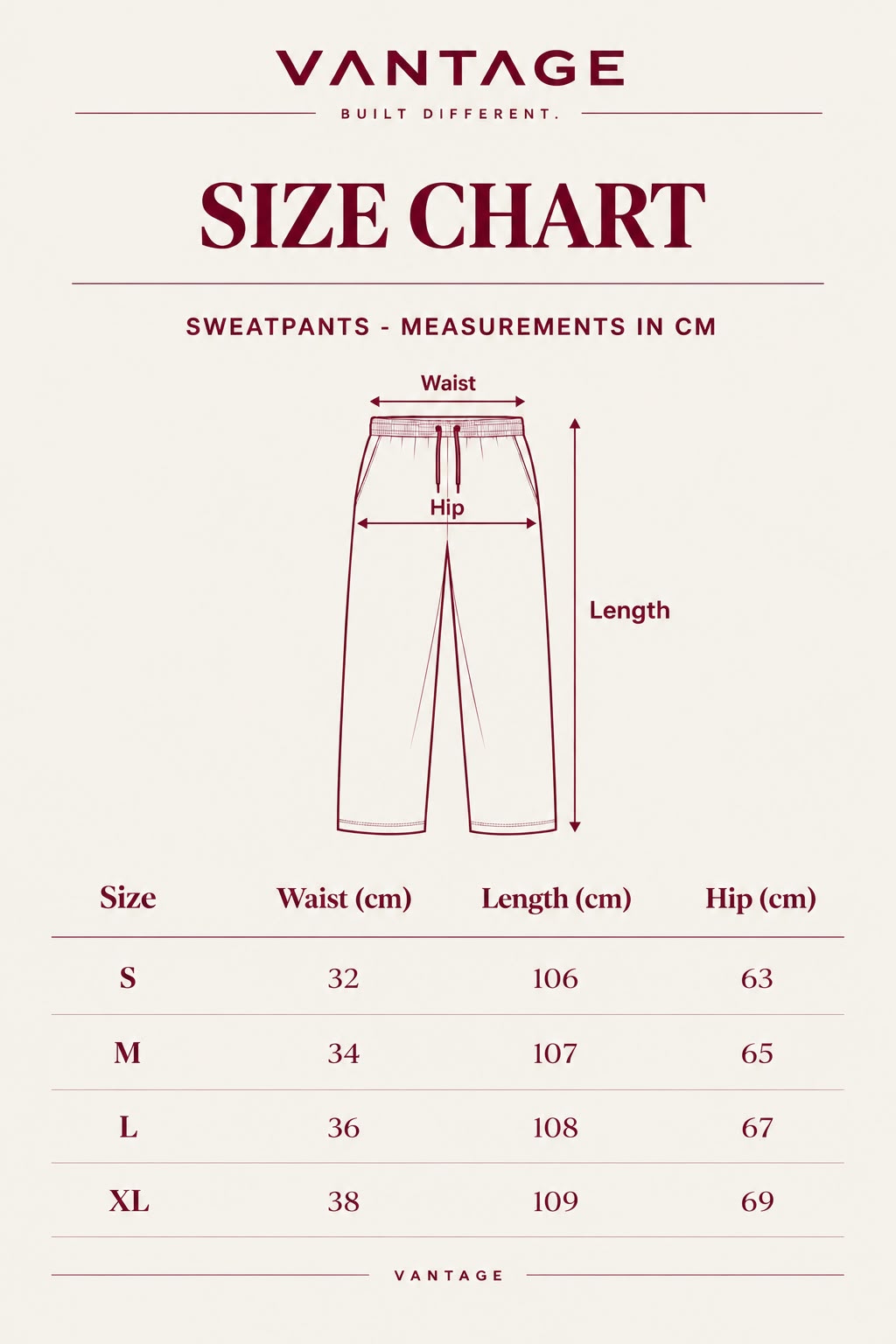 VANTAGE Essential Sweatpants - Size Chart